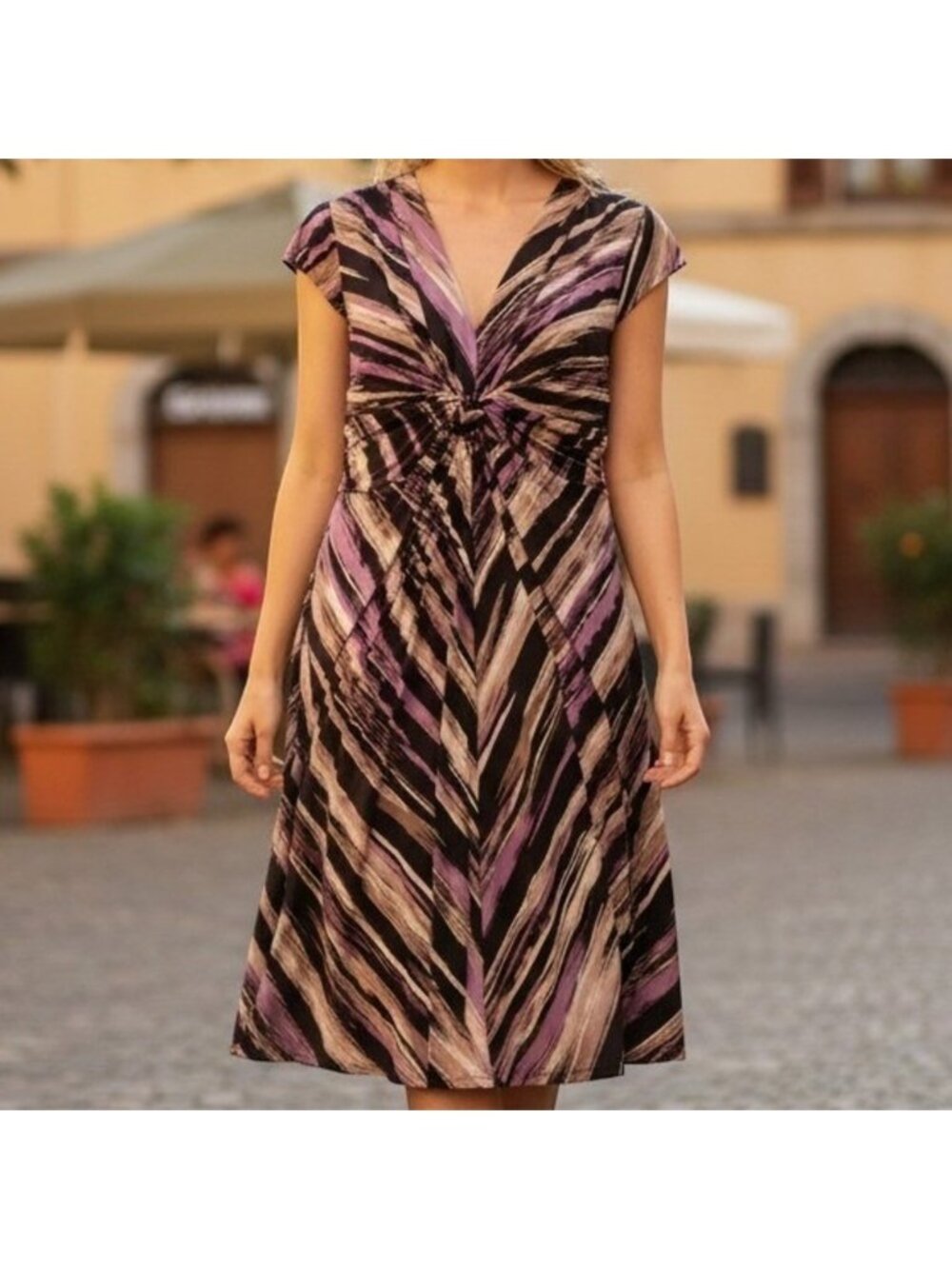 Y2k Le Chateau Purple Brown Abstract Stripe Knot Front V-Neck Dress XXL Canada